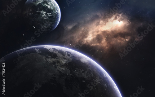 Endless universe, science fiction image, dark deep space with giant planets, hot stars, starfields. Incredibly beautyful cosmic landscape . Elements of this image furnished by NASA