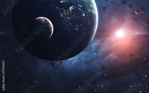 Endless universe, science fiction image, dark deep space with giant planets, hot stars, starfields. Incredibly beautiful cosmic landscape . Elements of this image furnished by NASA