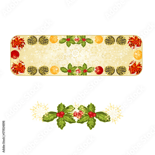Banner Christmas decoration snowflakes and red bow with pine cones vintage vector illustration editable hand draw