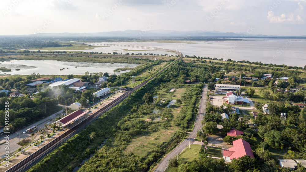 Aerial View Ban Kok Slung Pa Sak Dam Lopburi Thailand Interstitial River