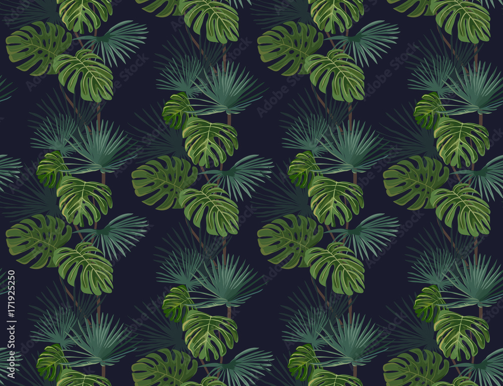 Seamless pattern with exotic tropical leaves. Vector background.