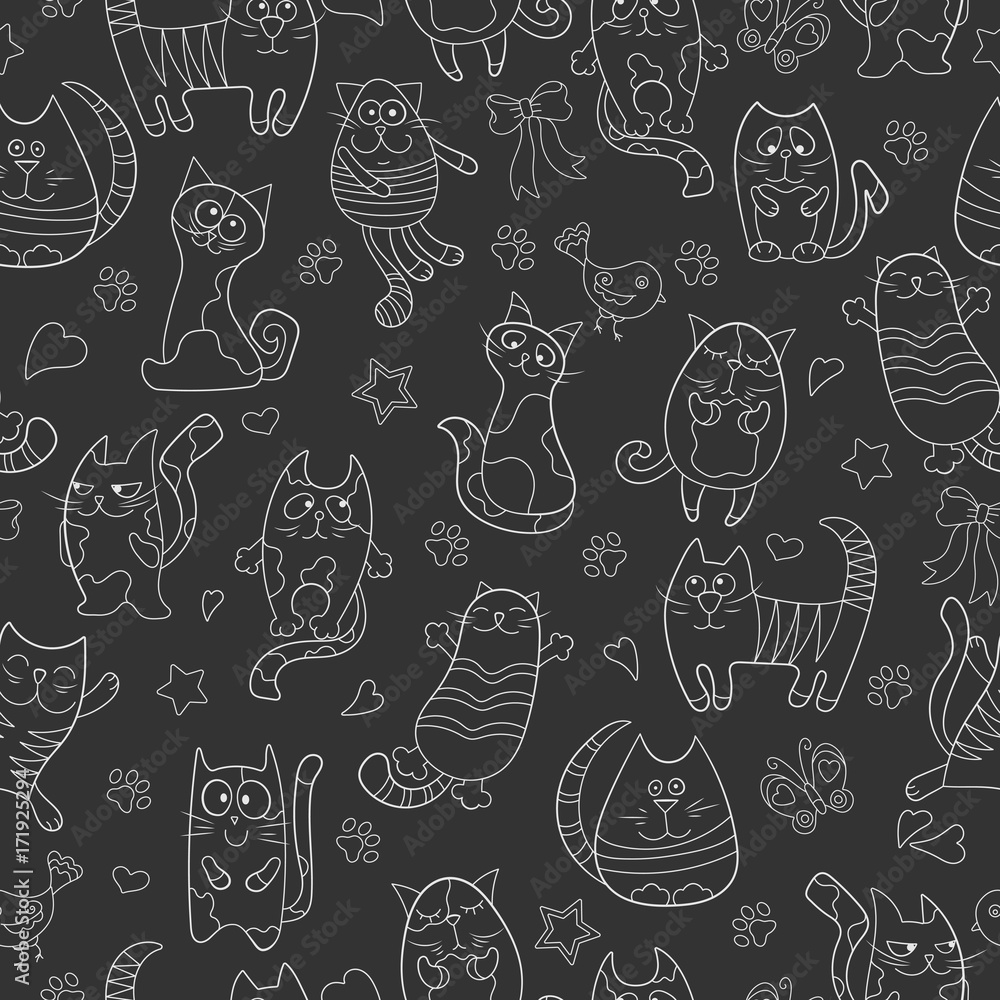 Seamless pattern with contour images cartoon cats , white contour on dark background Seamless pattern with contour images cartoon cats , white contour on dark background