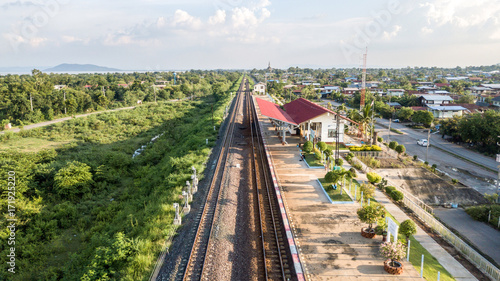 Aerial View Train Station Ban Kok Slung Pa Sak Dam  Lopburi Thailand