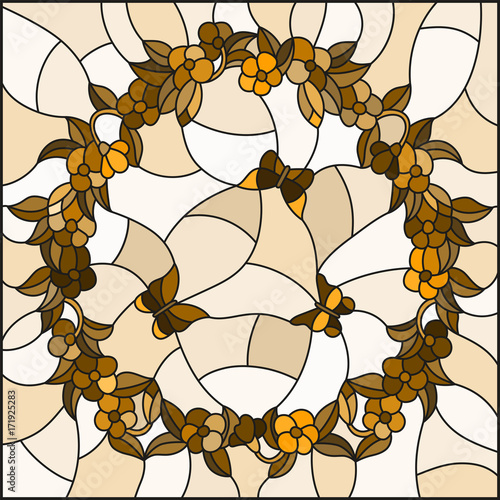 Illustration in stained glass style with  flowers in a circle and butterflies,brown tone,Sepia