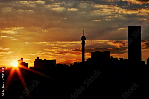 Silhouette view of the Johannesburg skyline at sunset