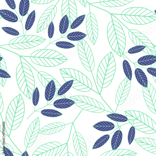 Botanical  seamless  pattern  abstract  blue  green  leaves  white  background. Vector.