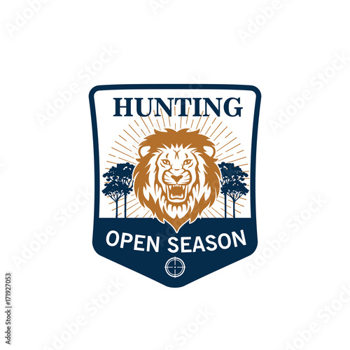 Hunting season badge of lion head with target