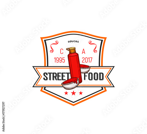 Fast food label of ketchup, tomato sauce bottle