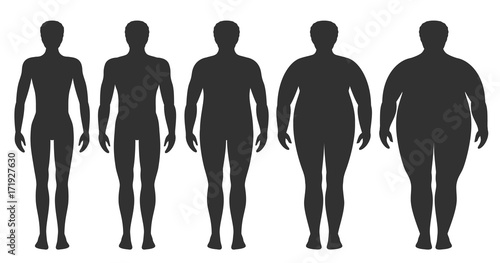 Body mass index vector illustration from underweight to extremely obese. Man silhouettes with different obesity degrees. Male body with different weight.