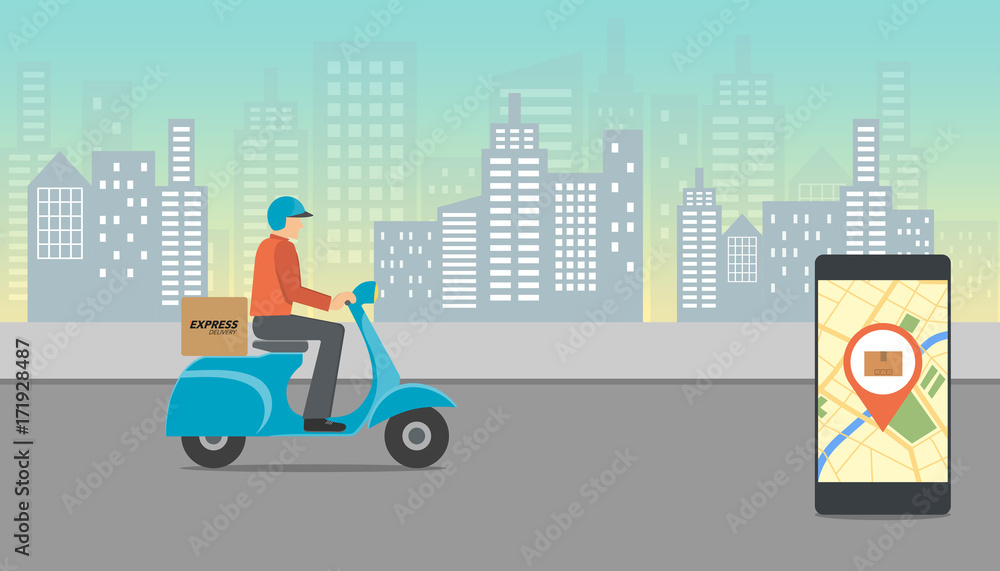 Express delivery concept. Checking delivery service app on mobile phone. Delivery scooter and mobile phone with city background.
