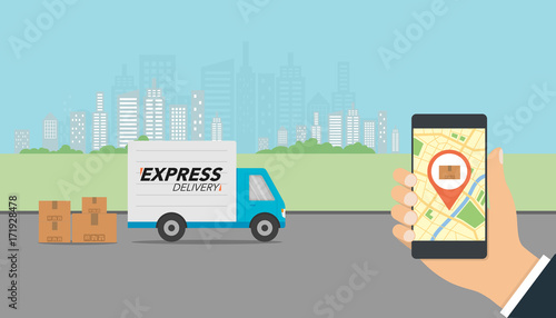 Express delivery concept. Checking delivery service app on mobile phone. Delivery truck and mobile phone with city background.