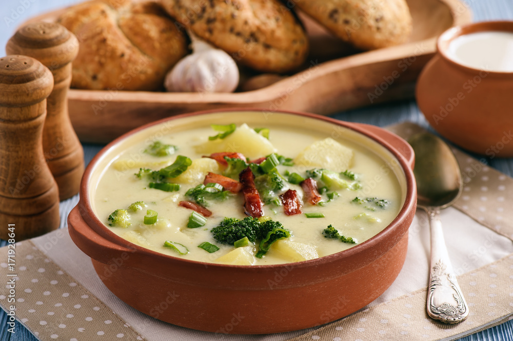 Potato soup with broccoli, cheese and bacon. Potato soup with broccoli, cheese and bacon.