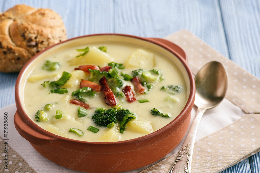 Potato soup with broccoli, cheese and bacon.