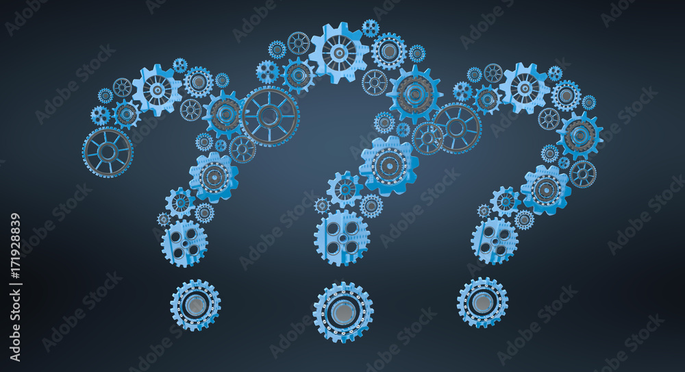 3D rendering gear icons question mark flying 3D rendering gear icons question mark flying