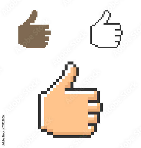 Pixel icon of fist with raised thumb in three variants. Fully editable