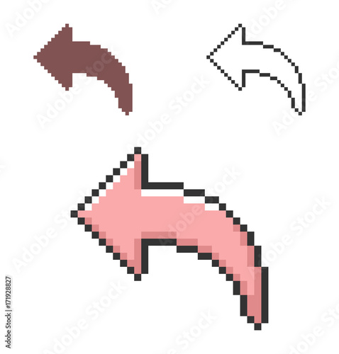 Pixel icon of  left curved arrow in three variants. Fully editable