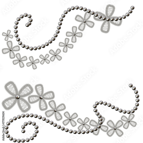 Strands of black pearls. Beautiful background of flowers and beads. Lace. Vector illustration.
