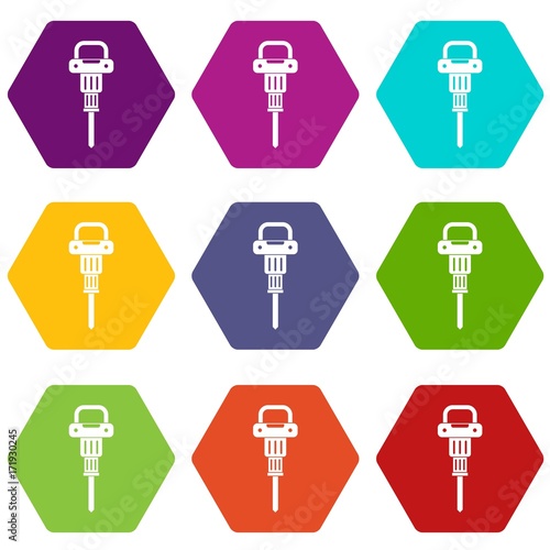 Pneumatic hammer icon set color hexahedron