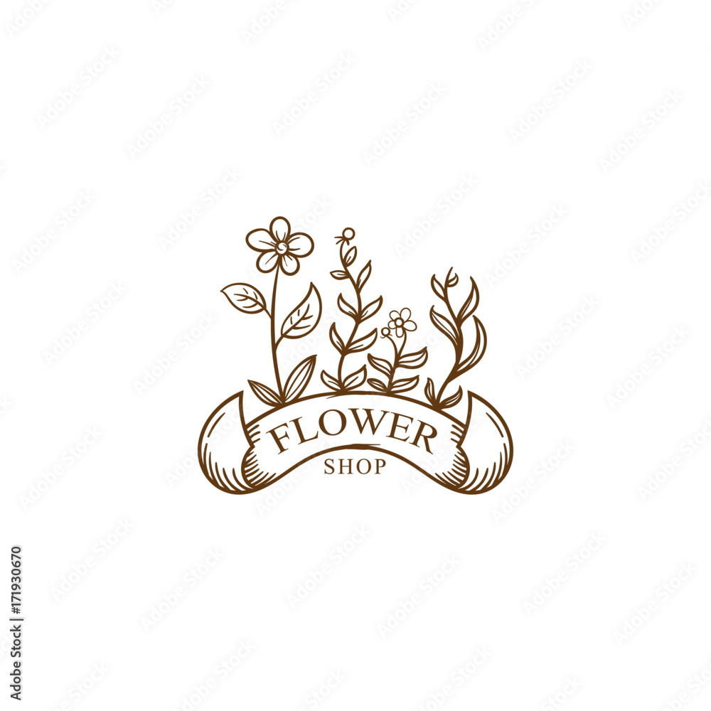 flower shop logo illustration hand drawn vintage Stock Vector | Adobe Stock