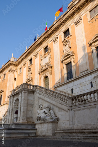 View of Tiber river statue in the Capitolium planed by Michelangelo. Campidoglio, or Capital Hill square, Rome Italy