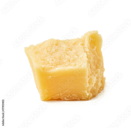 Piece of Parmesan cheese on white background. Macro photography with great depth of field. DoF .
