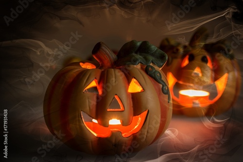 Mystic halloween background, Halloween pumpkins with burning candles
