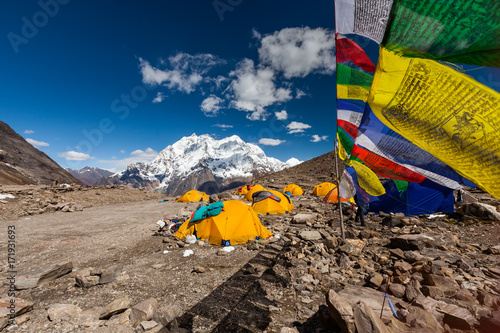 Base camp below Manaslu mountain in highlands of Nepal