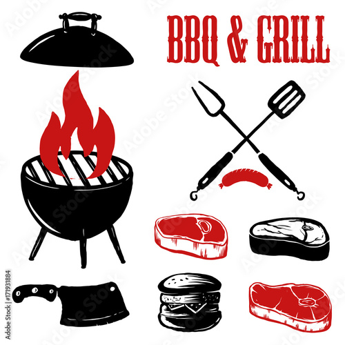 Set of hand drawn BBQ and grill elements.