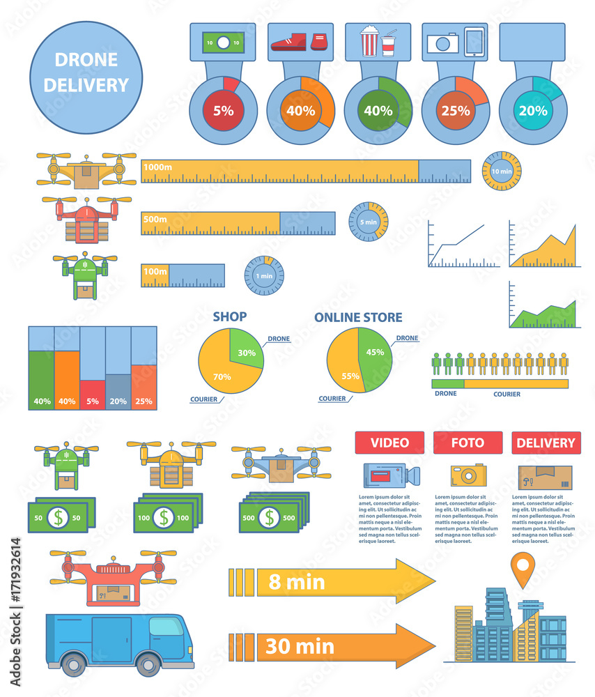 Drone technology infographic concept vector illustration. Quadcopters delivering packages, food and other goods, aerial drones with camera taking photo and video. Drone services flat symbols. icons Drone technology infographic concept vector illustration. Quadcopters delivering packages, food and other goods, aerial drones with camera taking photo and video. Drone services flat symbols. icons