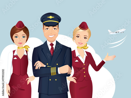 Pilot and Flight attendant of Commercial Airlines with the airplane on the background. / Flat design, vector cartoon.
