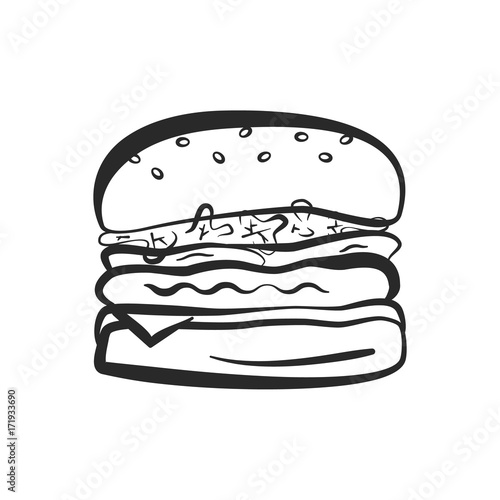 Black isolated vector outline hamburger icon. Minimalistic cartoon linear american burger symbol for fast food restaurant or cafe menu, advertisement, banner, web design