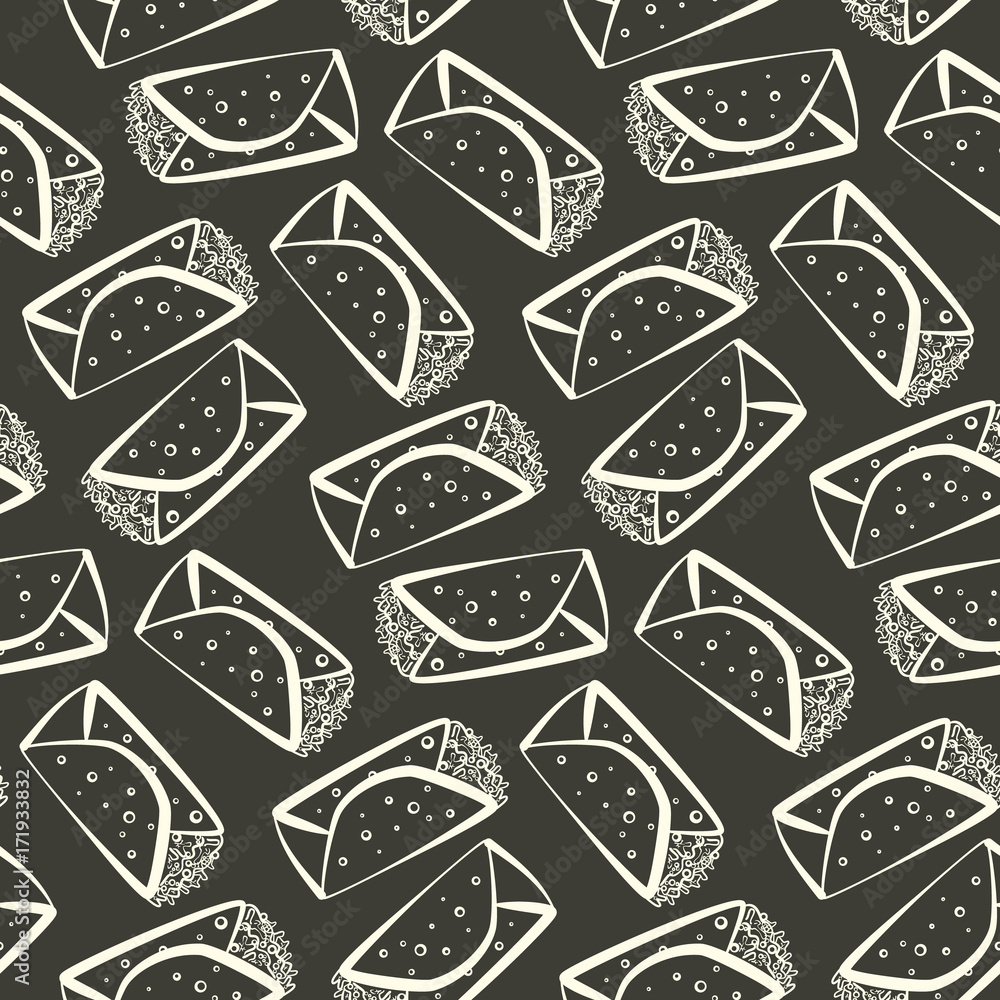 Monochrome outline cartoon burrito seamless pattern. Minimalistic flat