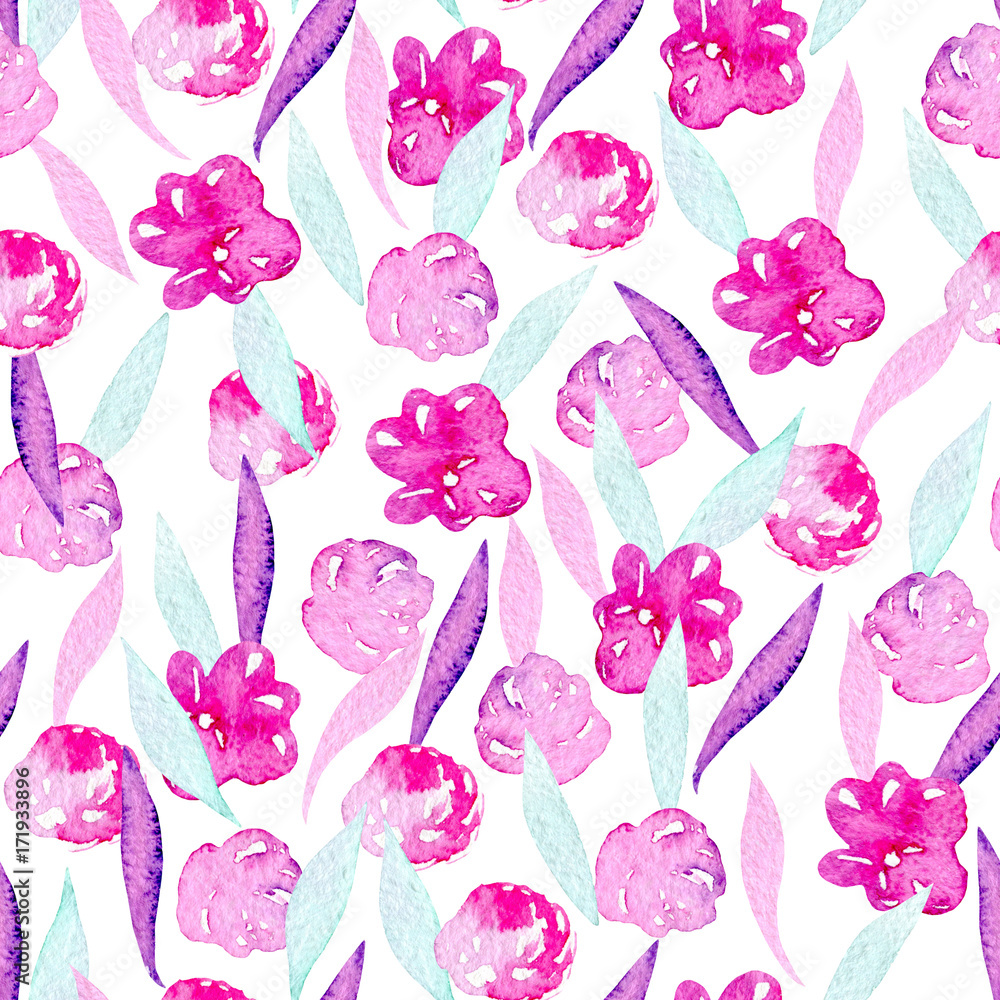 Seamless pattern with watercolor abstract pink peonies, mint and purple leaves, hand painted on a white background