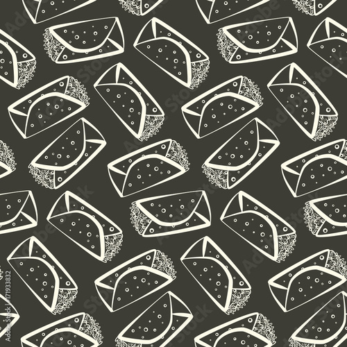 Monochrome outline cartoon burrito seamless pattern. Minimalistic flat linear mexican burritos texture for fast food restaurant or cafe menu design, background, wallpaper, cover, wrapping paper