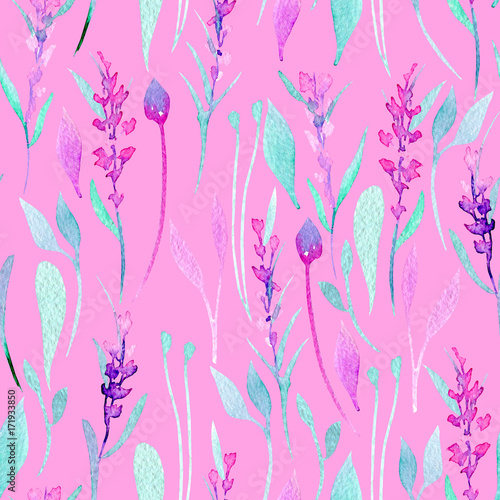 Seamless pattern with watercolor simple lavender, purple and mint plants, hand painted on a bright pink background