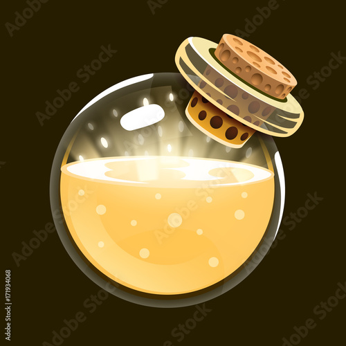 Bottle of light. Game icon of magic elixir. Interface for rpg or match3 game. Sun, light, energy. Big variant.