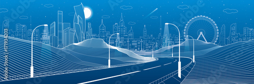 Illuminated highway in mountains. Infrastructure illustration. Modern city at background, tower and skyscrapers, business buildings, ferris wheel. Night scene. White lines. Vector design art