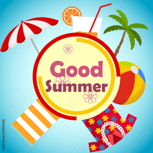 Banner of a good summer. Summer time. Palm, a glass of juice, a towel, a Hawaiian shirt, a beach ball and a beach umbrella on the blue