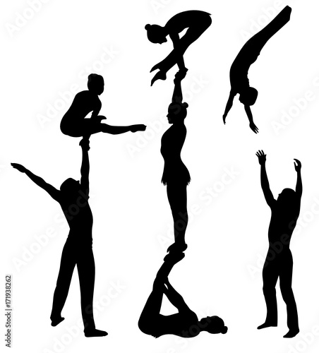 acrobatic stunt. Gymnasts acrobats vector black silhouette. Gymnasts acrobats vector