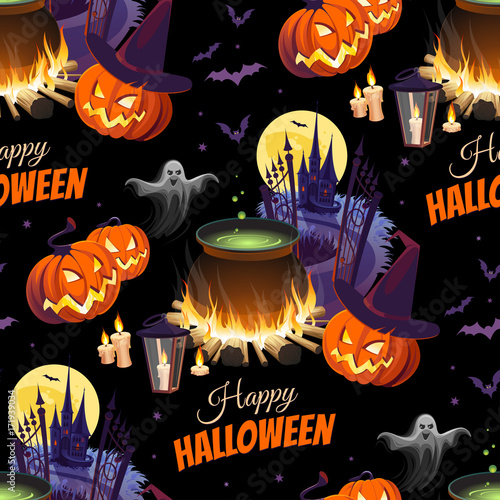 Happy Halloween Illustration with characters on the black background. Seamless pattern.