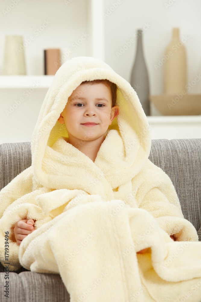 Portrait of smiling little boy in bathrobe at home Portrait of smiling little boy in bathrobe at home