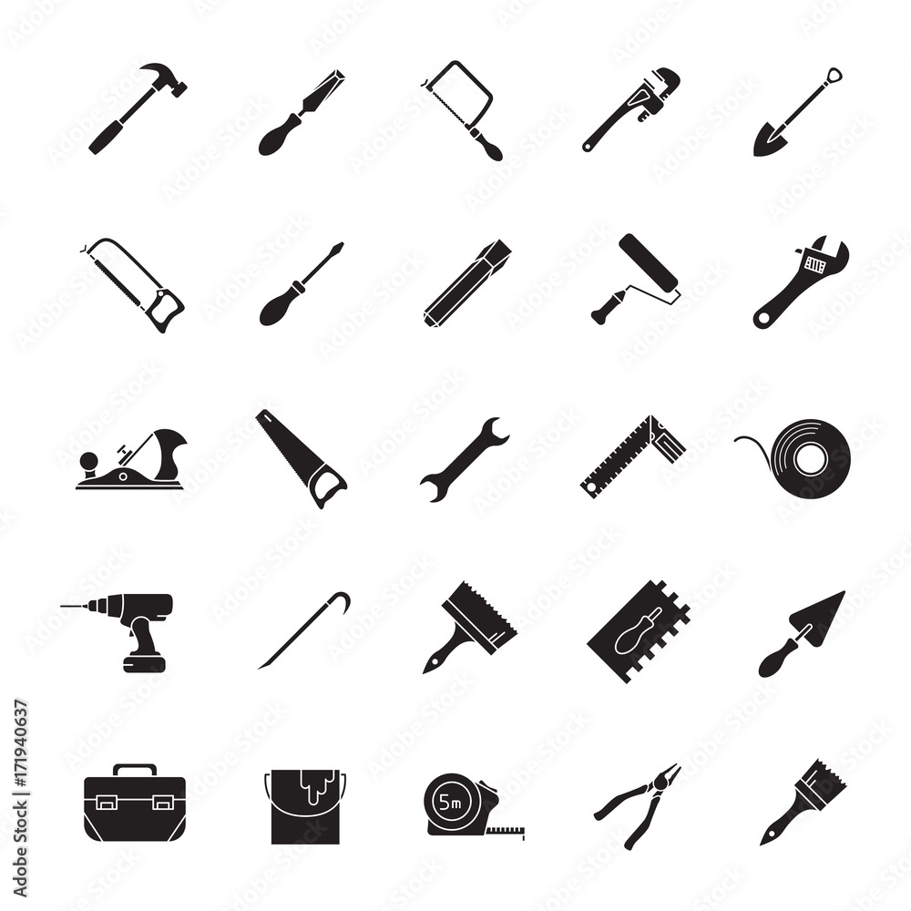 Construction tools glyph icons set - obrazy, fototapety, plakaty 
