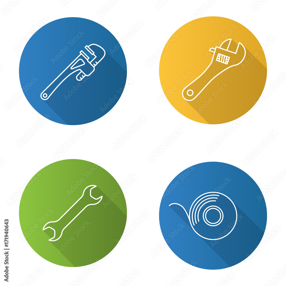 Construction tools flat linear long shadow icons set Construction tools flat linear long shadow icons set