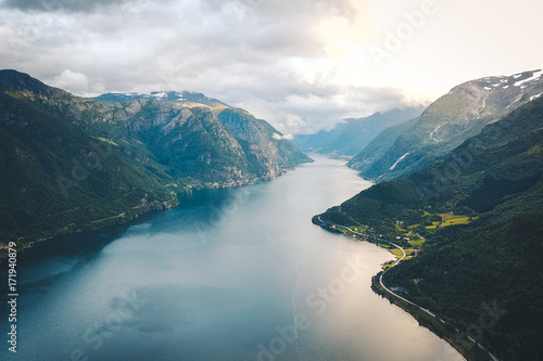 View to fjord and water from drone in Norway