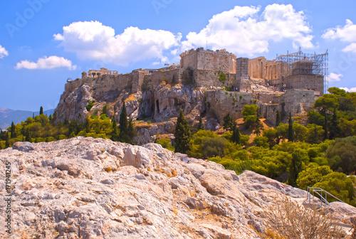 The Acropolis. A historical place of ancient civilization. Tourist attraction of Europe. The view from the mountains.