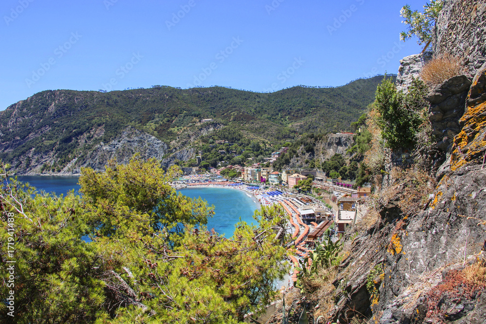 View of the sea and the beach in Monterosso, Cinque Terre, Liguria, Italy