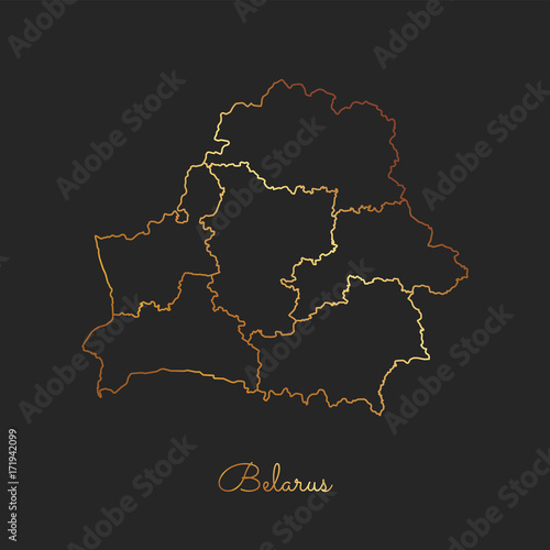 Belarus region map: golden gradient outline on dark background. Detailed map of Belarus regions. Vector illustration.