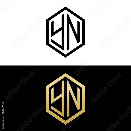 initial letters logo yn black and gold monogram hexagon shape vector
