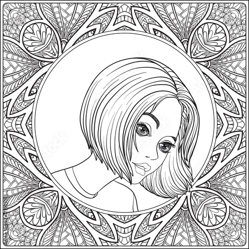 A young beautiful girl.  Portrait on a background of a pattern. Outline hand drawing coloring page for adult coloring book. Stock line vector illustration.