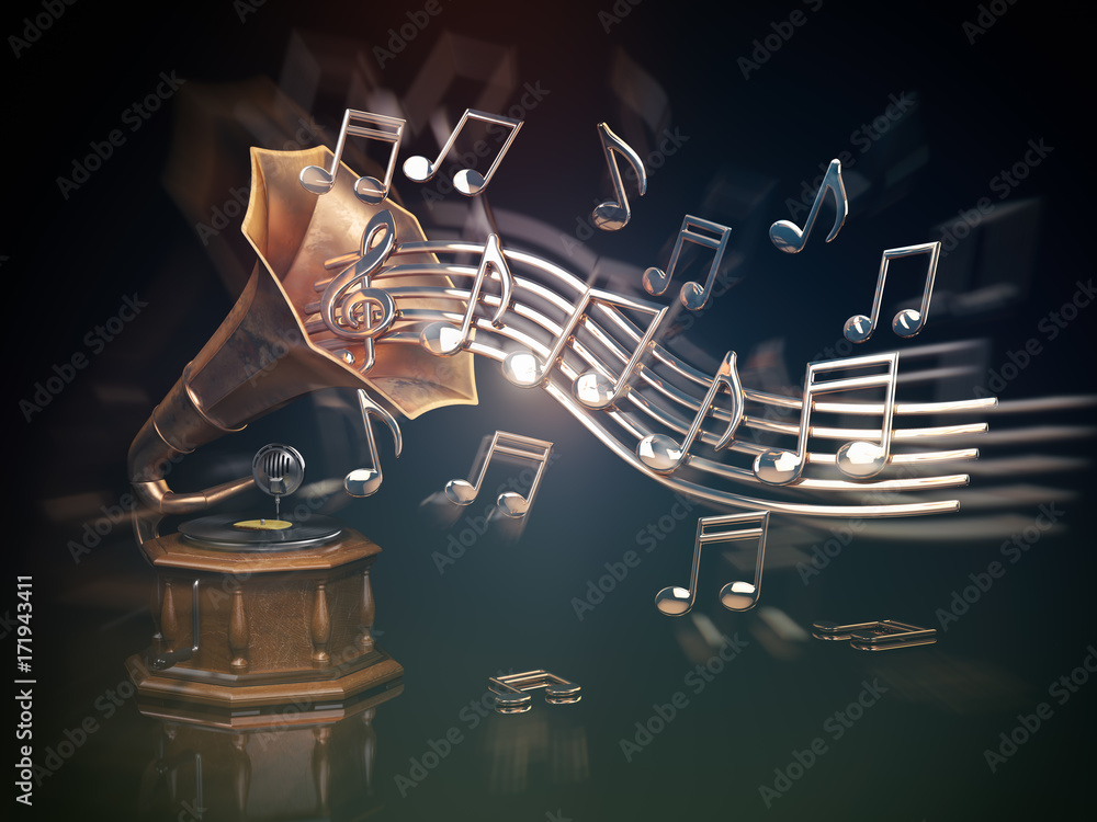 Obraz premium Gramophone with golden notes. Music art background.